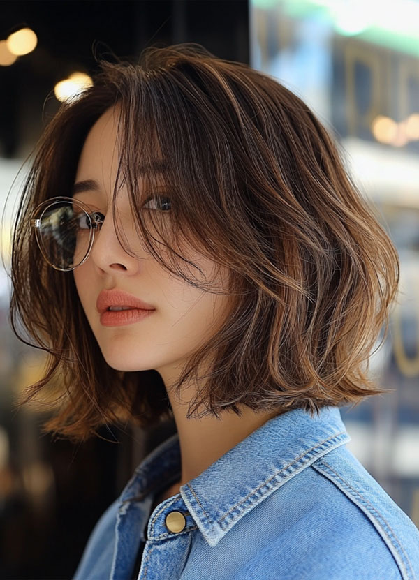 45 Chic Layered Bob Haircuts : Effortless Wavy Brunette Bob