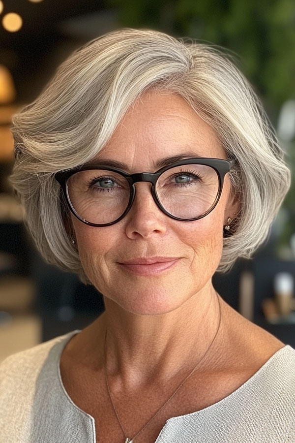 Silver Grey Bob, Short Haircut for Women Over 60 with Glasses