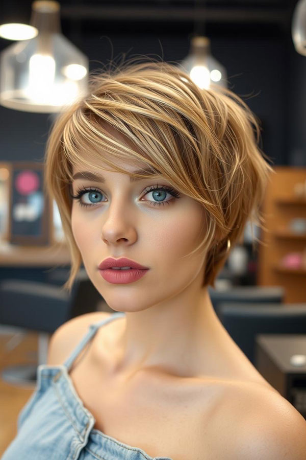 Sunlit Fringe Pixie, Pixie Haircut for Modern women