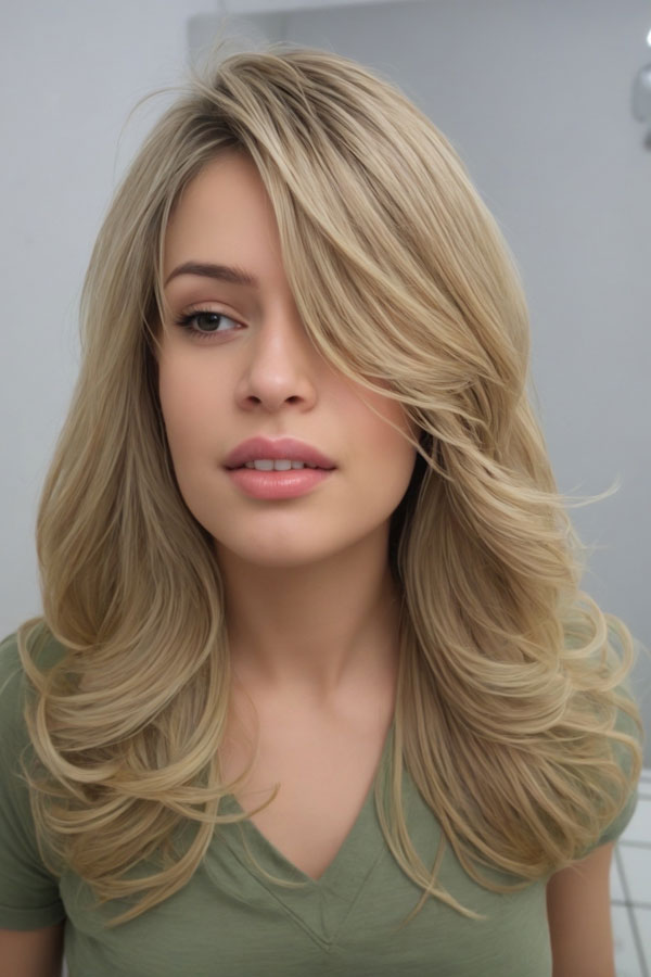 Blonde Layers with Side-Swept Bangs, Cute Layered Hairstyle For Long Hair, long layered haircut