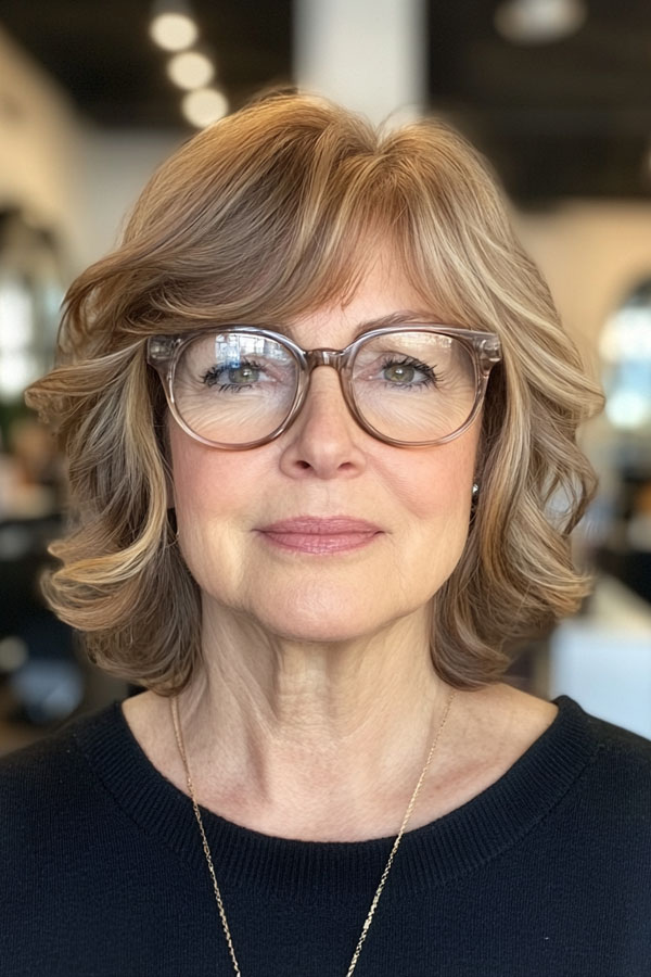 20 Medium-Length Haircuts for Women Over 60 with Glasses : Sandy Blonde Bob