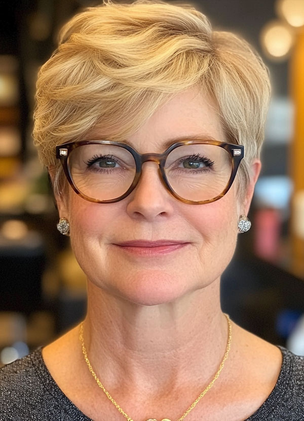 30 Short Haircuts for Women Over 60 with Glasses : Soft Blonde Pixie