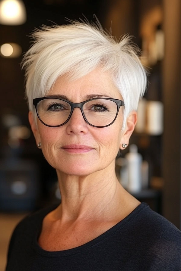 30 Short Haircuts for Women Over 60 with Glasses : Edgy White Pixie