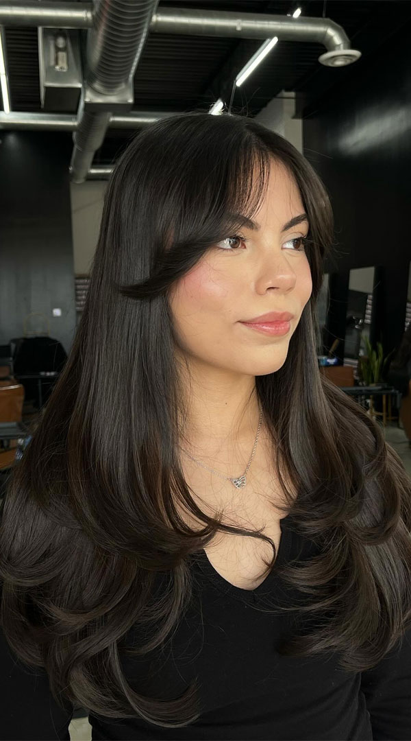 Sleek Layers with Wispy Curtain Bangs, butterfly layered haircut, Cute Layered Hairstyle For Long Hair, long layered haircut