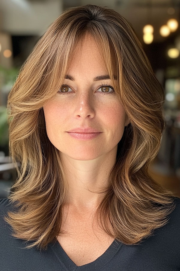 35 Layered Haircuts for Women Over 40 : Chestnut Layers with Caramel Highlights