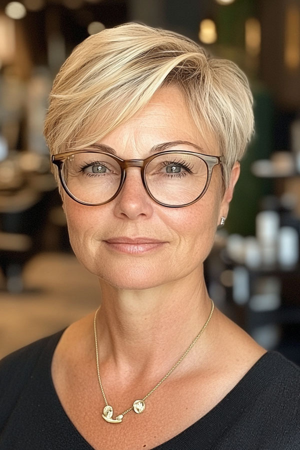 Blonde Pixie with Lowlights, pixie haircut for women over 60, Short Haircut for Women Over 60 with Glasses