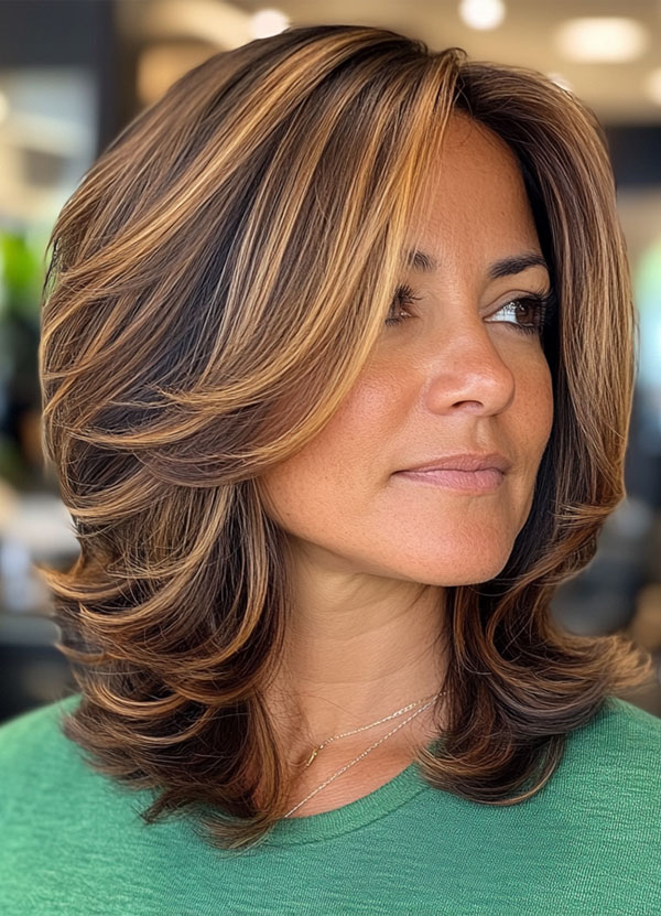 45 Chic Layered Bob Haircuts : Voluminous Caramel Highlights