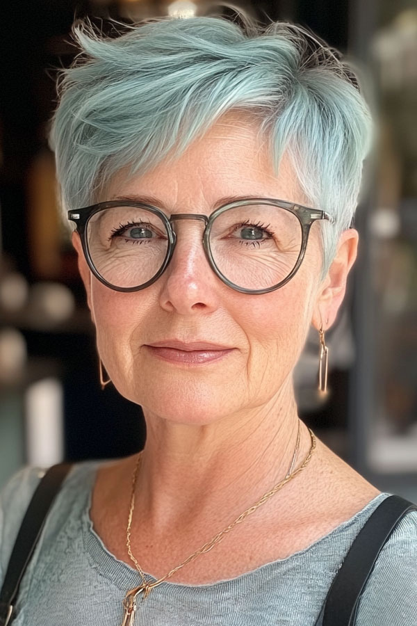 30 Short Haircuts for Women Over 60 with Glasses : Icy Blue Pixie