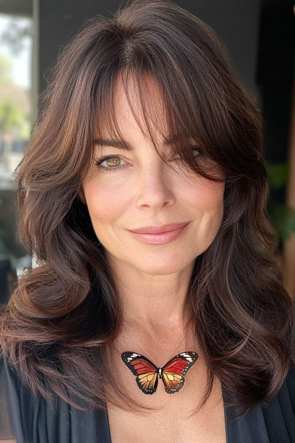 Dark Brunette Layers with Soft Bangs, Layered Haircuts for Women Over 40