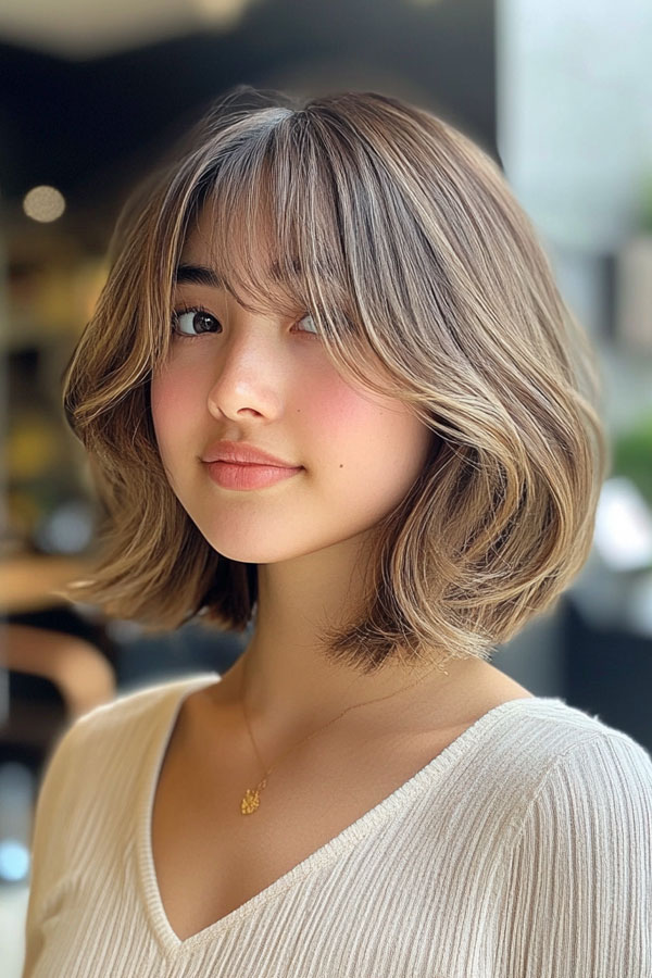 35 French Bob Hairstyles : Wavy Blonde French Bob with Curtain Bangs