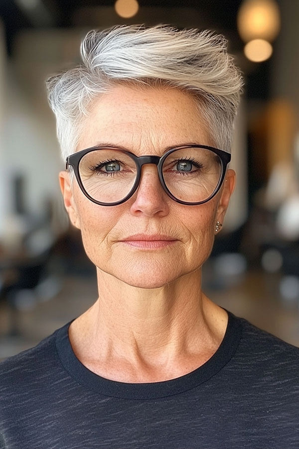 Modern Silver Quiff Pixie, pixie haircut for women over 60, Short Haircut for Women Over 60 with Glasses