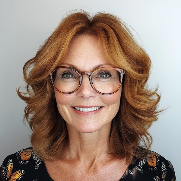 20 Medium-Length Haircuts for Women Over 60 with Glasses : Vibrant Auburn Layers