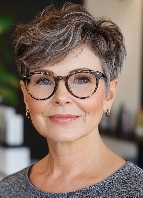 30 Short Haircuts for Women Over 60 with Glasses : Textured Charcoal Bob