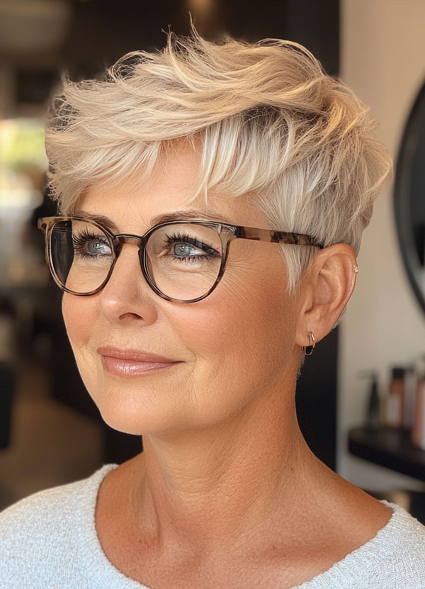 30 Short Haircuts for Women Over 60 with Glasses : Playful Platinum Pixie