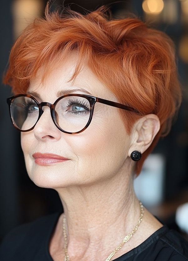 30 Short Haircuts for Women Over 60 with Glasses : Vibrant Copper Pixie