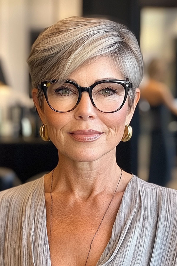 30 Short Haircuts for Women Over 60 with Glasses : Elegant Silver Ash Pixie