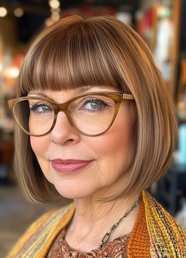 20 Medium-Length Haircuts for Women Over 60 with Glasses : Brunette Bob with Bangs