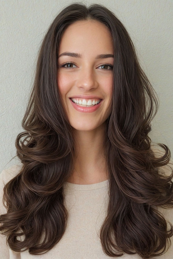 60 Cute Layered Hairstyles For Long Hair : Natural Brunette Voluminous Layered Curls