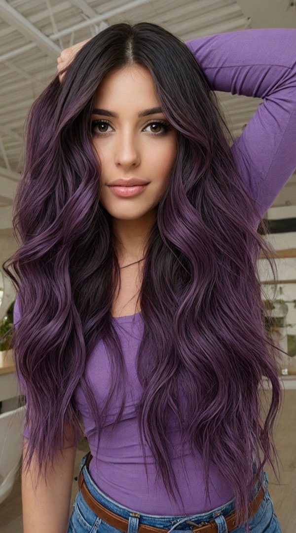 60 Cute Layered Hairstyles For Long Hair : Bold Wavy Layers with Deep Purple Hues