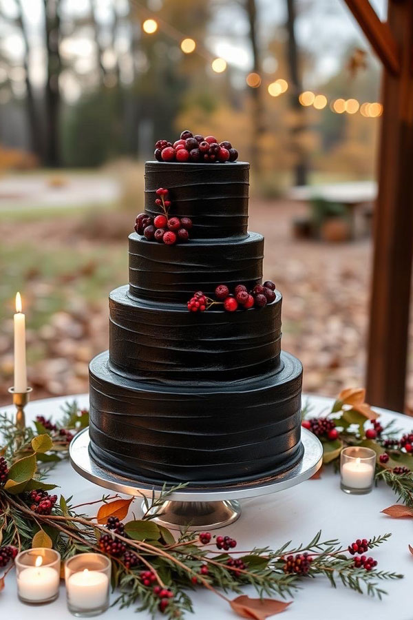 61 Exquisite Wedding Cakes for Every Style: Black Buttercream Four-Tiered Cake