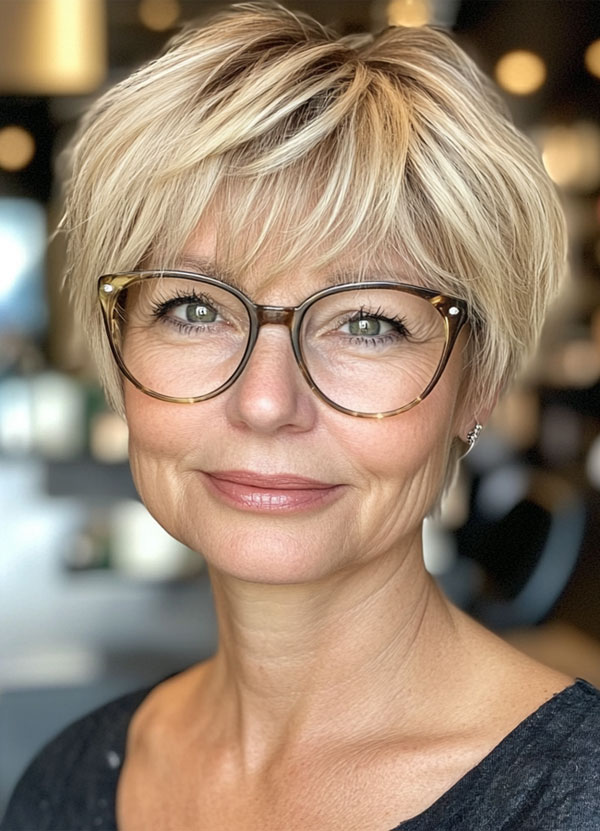 Soft Blonde Layered Bob, pixie haircut for women over 60, Short Haircut for Women Over 60 with Glasses