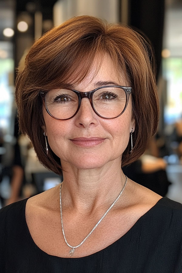 30 Short Haircuts for Women Over 60 with Glasses : Rich Chestnut Bob