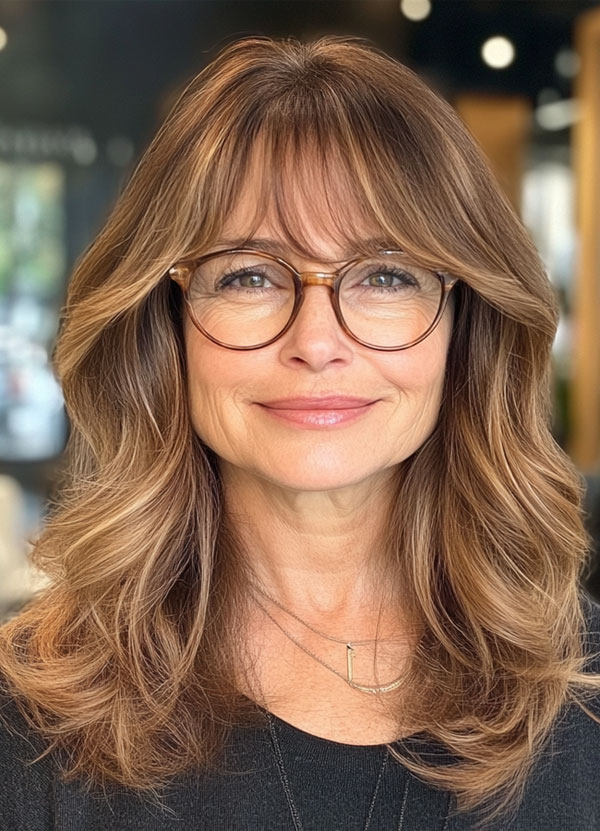 Caramel Layers with Bangs, Medium-Length Haircut for Women Over 60 with Glasses