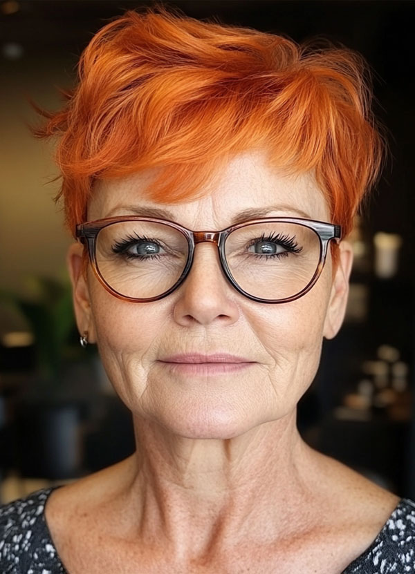 30 Short Haircuts for Women Over 60 with Glasses : Fiery Pixie Haircut