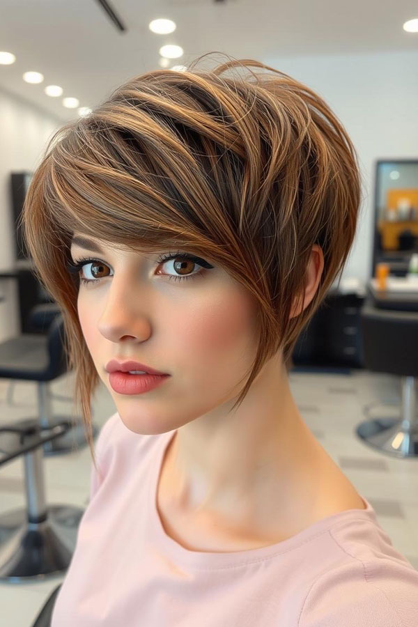 40 Pixie Haircuts for Modern Women : Chestnut Sculpted Sweep Pixie