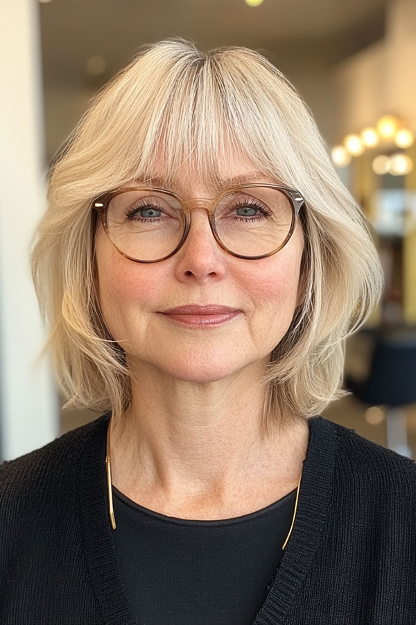 Soft Blonde Bob with Bangs, Medium-Length Haircut for Women Over 60 with Glasses