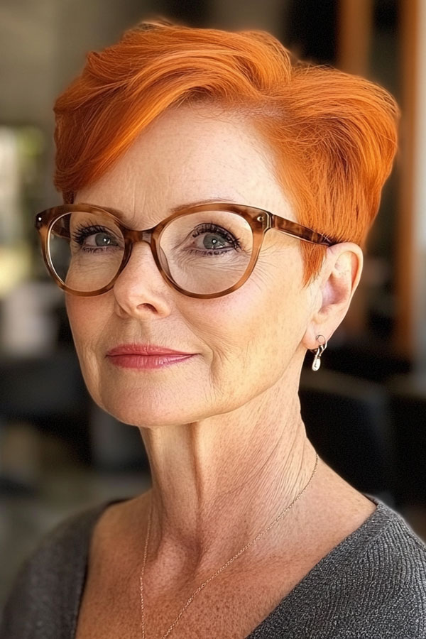 30 Short Haircuts for Women Over 60 with Glasses : Fiery Elegance Pixie