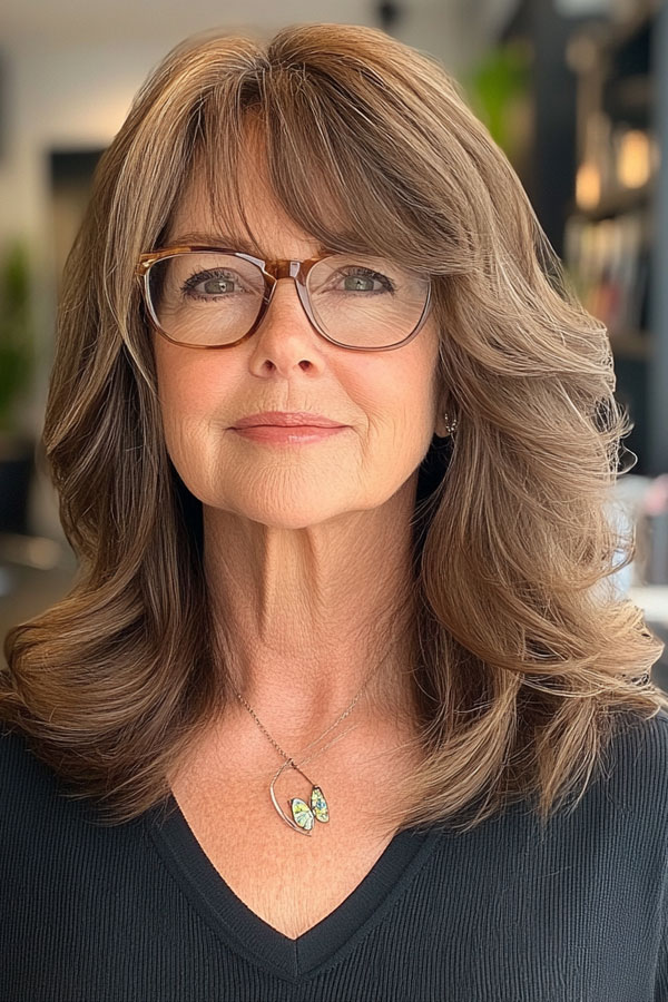 Elegant Chestnut Layers, Medium-Length Haircut for Women Over 60 with Glasses