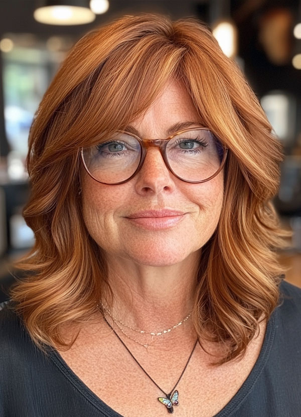 Radiant Auburn Layers, Medium-Length Haircut for Women Over 60 with Glasses