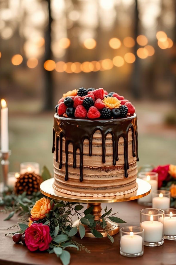 61 Exquisite Wedding Cakes for Every Style: Chocolate Drip Semi-Naked Cake