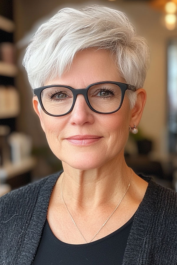 Frosty Layered Pixie, pixie haircut for women over 60, Short Haircut for Women Over 60 with Glasses