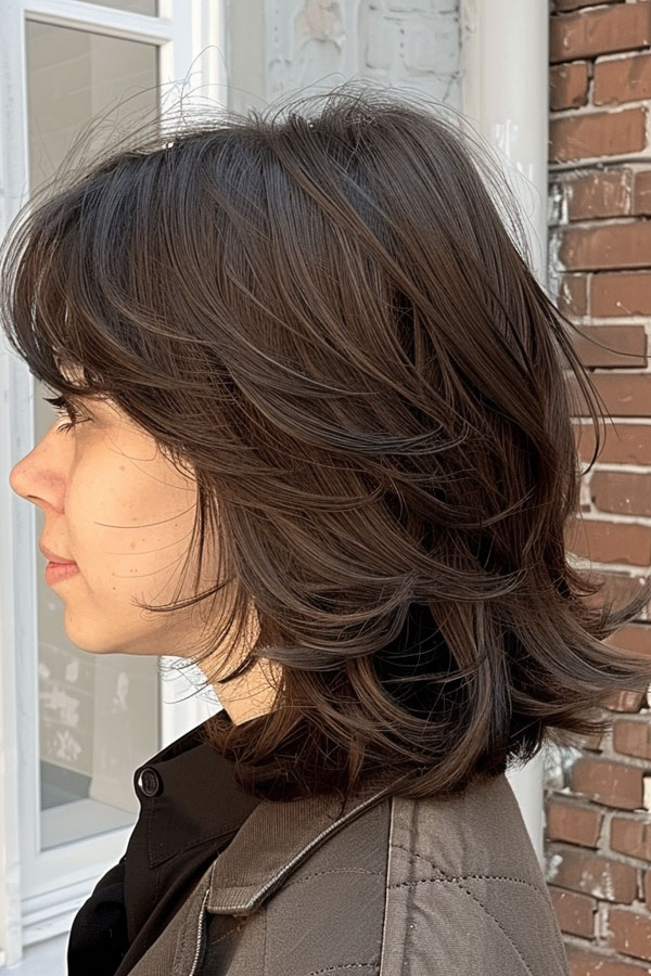 Brunette Dynamic Voluminous Layered Bob, Trendsetting Tousled Layers