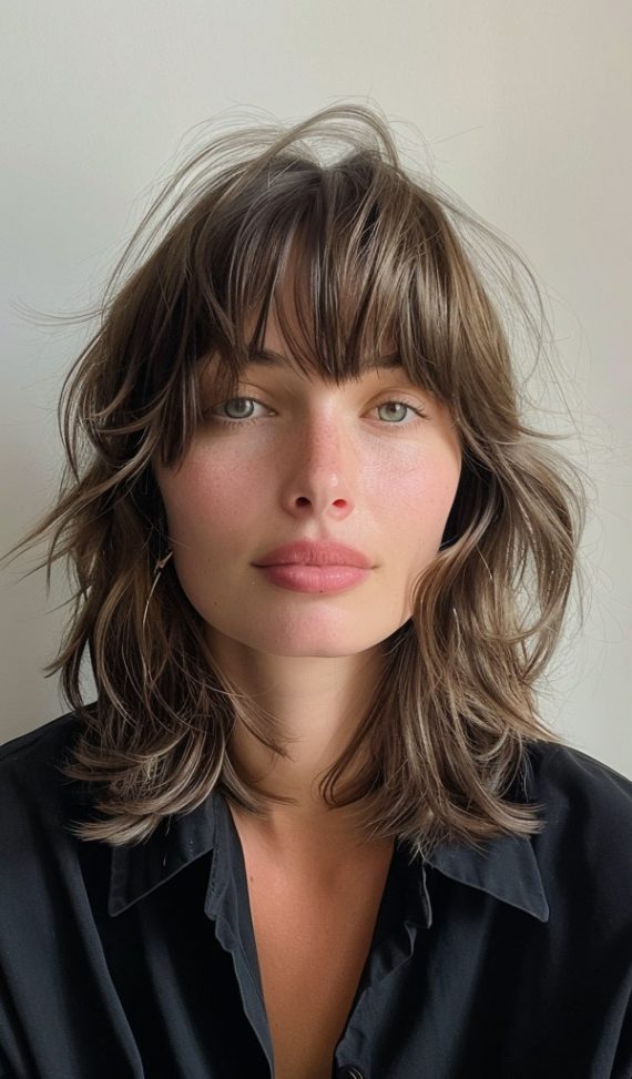 40 Trendsetting Tousled Layers : Tousled Brunette Waves with Bangs