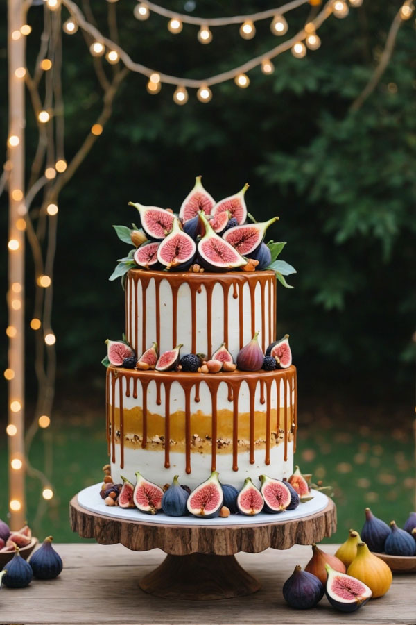 61 Exquisite Wedding Cakes for Every Style: Rustic Fig and Caramel Drip Cake