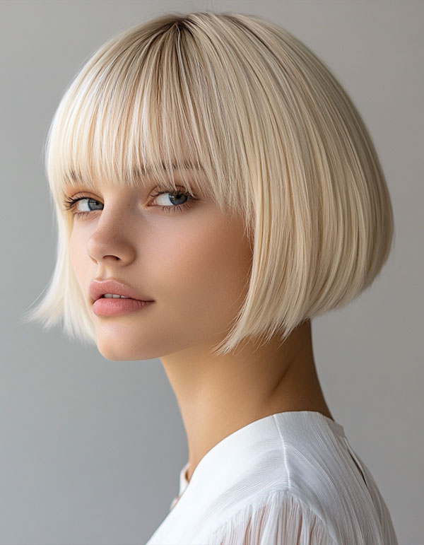 35 Cute Short Hairstyles to Rock : Classic Platinum Bob with Blunt Bangs