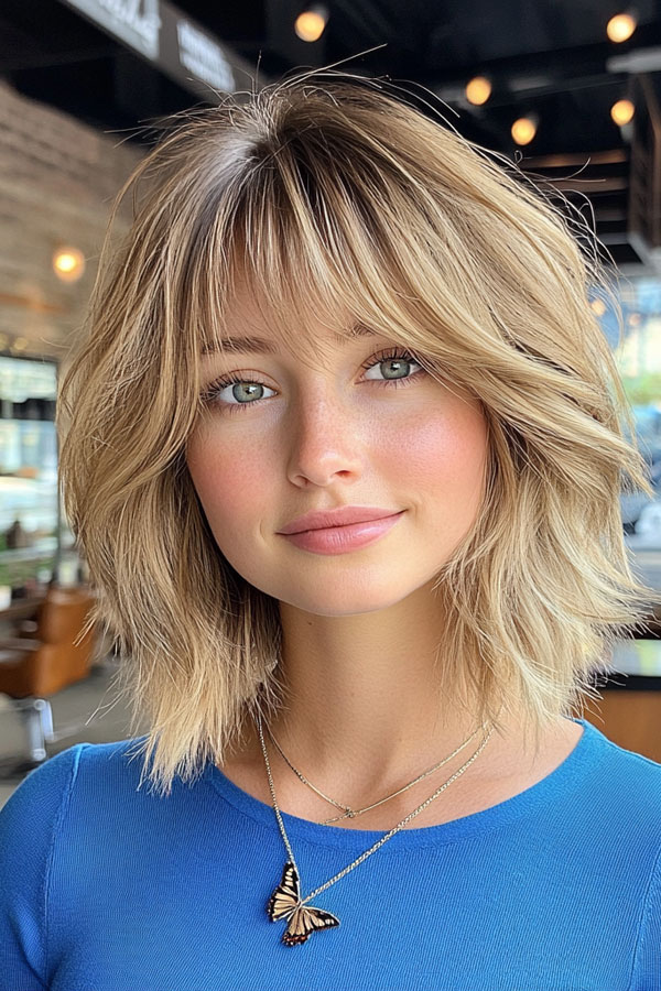 45 Chic Layered Bob Haircuts : Beachy Blonde Shoulder-Length Shag