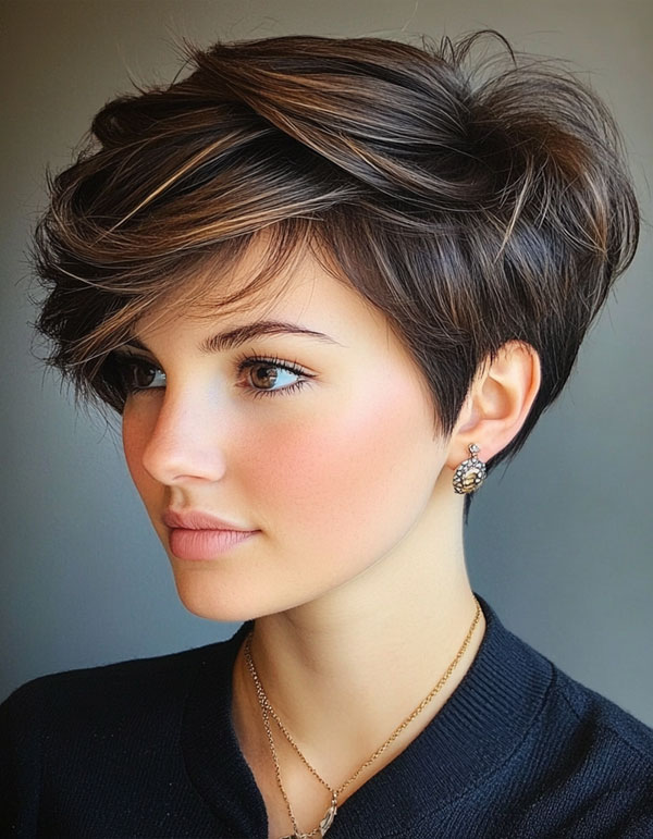 35 Cute Short Hairstyles to Rock : Elegant Side-Swept Pixie with Subtle Highlights