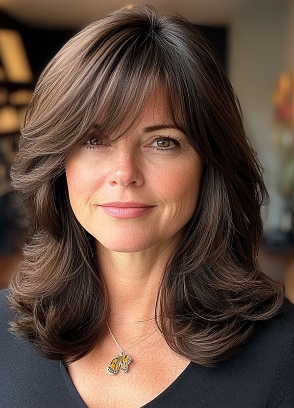 35 Layered Haircuts for Women Over 40 : Polished Layers with Side-Swept Bangs