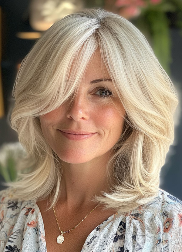 35 Layered Haircuts for Women Over 40 : Platinum Shoulder-Length Layers