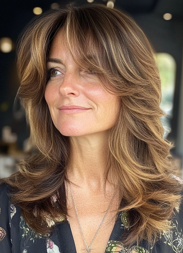 35 Layered Haircuts for Women Over 40 : Rich Brunette Layers with Golden Highlights