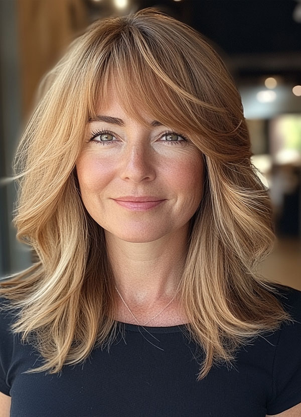 35 Layered Haircuts for Women Over 40 : Warm Honey Layers with Wispy Bangs