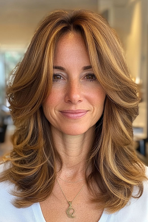 35 Layered Haircuts for Women Over 40 : Golden Brown Butterfly Layers