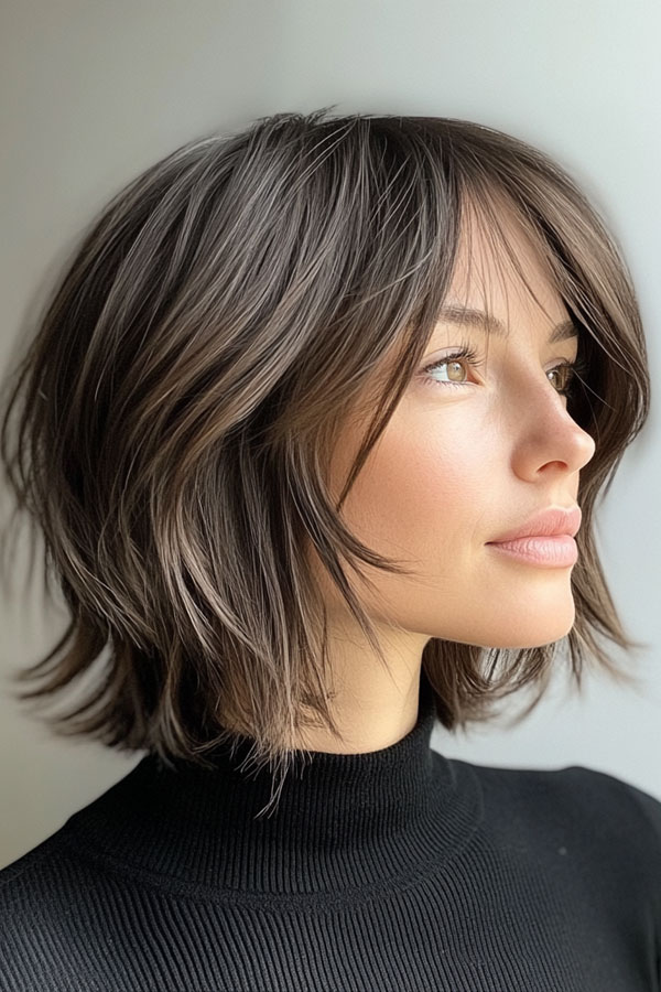 45 Chic Layered Bob Haircuts : Textured Tousled Bob with Curtain Bangs