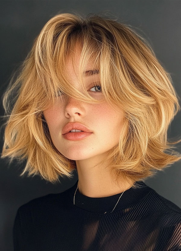 35 French Bob Hairstyles : Layered French Bob with Soft Bangs