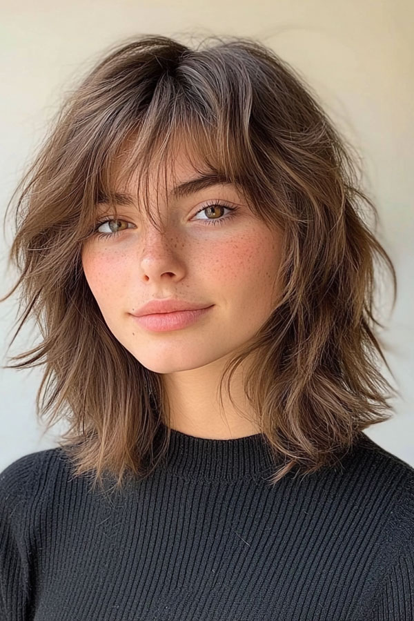 40 Trendsetting Tousled Layers : Tousled Brunette Bob with Light Bangs