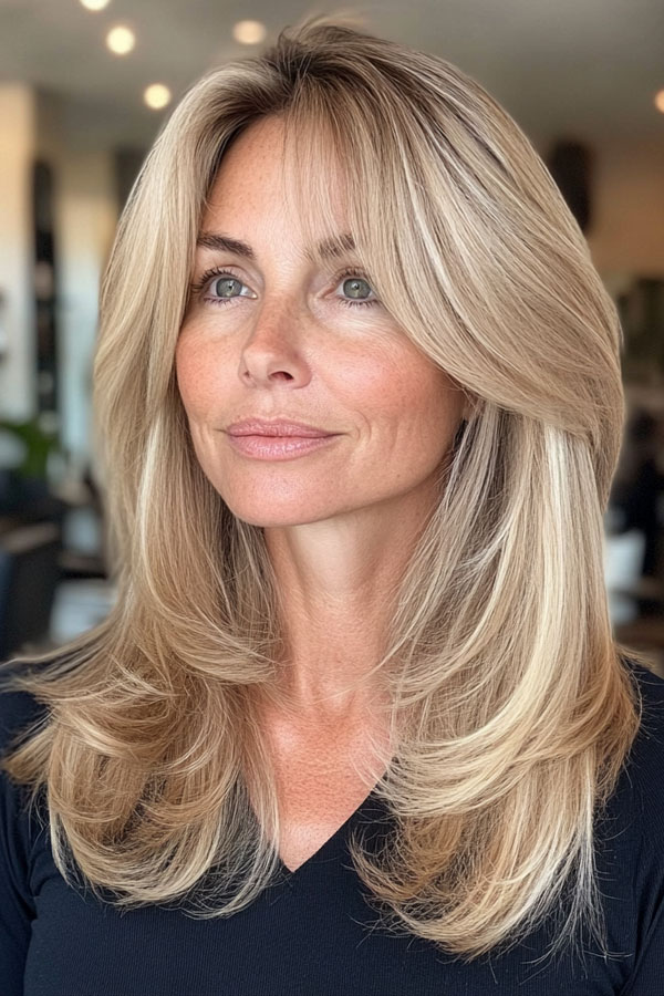 35 Layered Haircuts for Women Over 40 : Bright Blonde Layers with Soft Volume